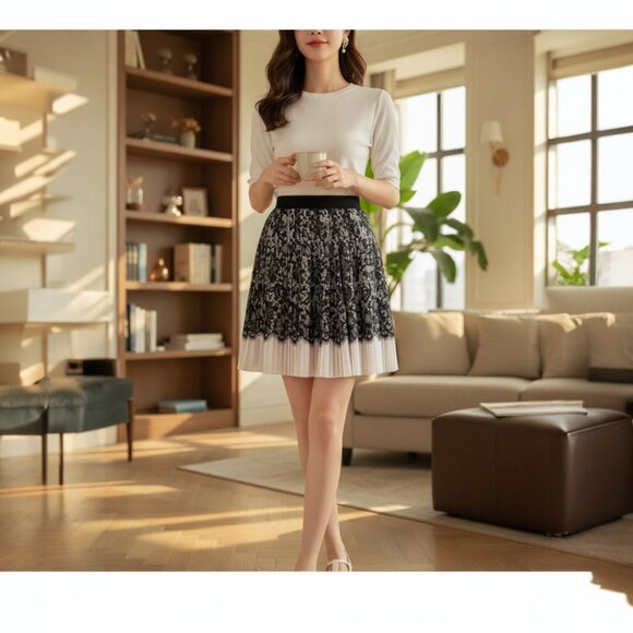 DKNY Black White Lace Print Pleated Designer Knee Length Skirt 10.R